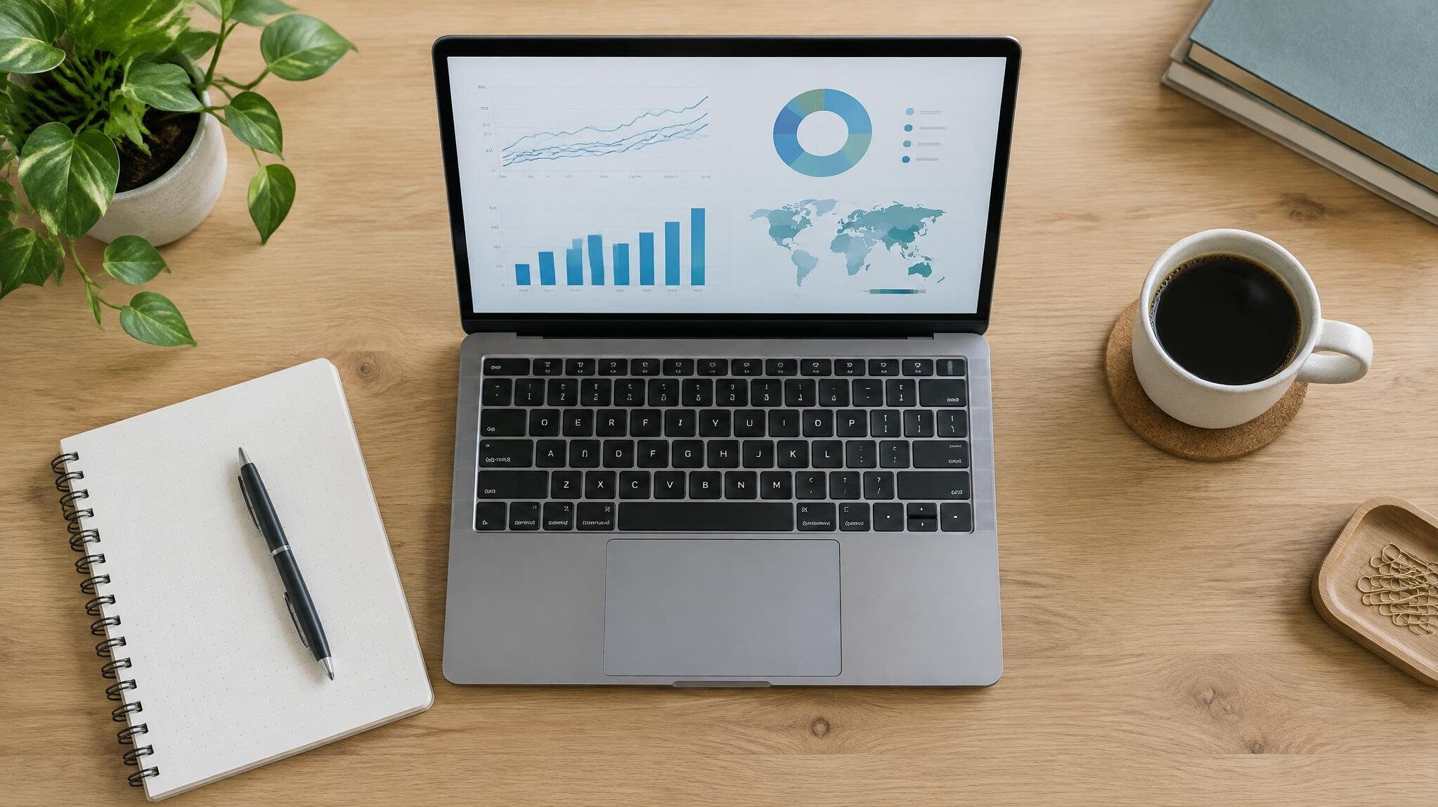 Laptop and notebook with data charts on a workspace