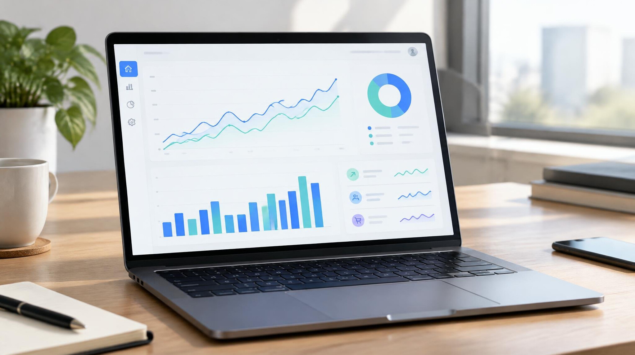 Laptop screen showing an analytics dashboard with charts